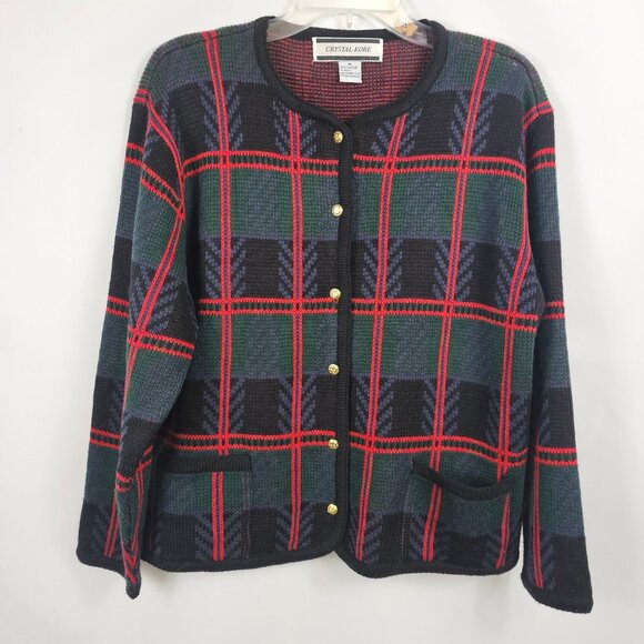80s Retro Style Work Business Officewear Cardigan Red Green Plaid Crystal Kobe M - Picture 1 of 9